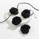 Conjunto de Joias Feminino Romântico Kpop com Grande Flor Vermelha, Colar de Corrente para Clavícula, Pulseira e Brincos de Pino, Gargantilha Ajustável Estilo Gótico Y2K