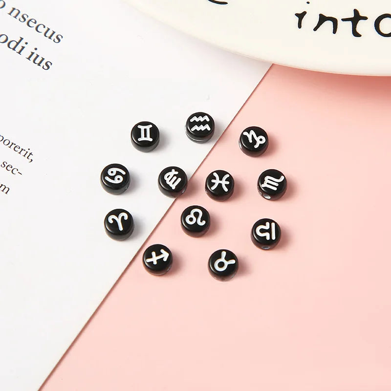 100 Peças 4*7mm Contas Redondas Sortidas de Signos do Zodíaco, Pingentes Espaçadores Soltos para Confecção de Joias e Acessórios de Pulseira DIY