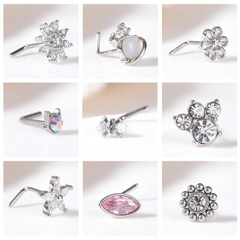 1PC Joia de Piercing de Nariz de Cobre para Mulheres Stud de Cristal com Flor, Olho, Opala, Coração e Lua Piercings Corporais