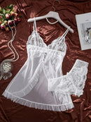Conjunto de Camisola Ultra Sexy de Tule com Sutiã Decote V e Saia Aberta  Transparente Lingerie Kit de Luxo