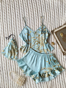 Conjunto de Pijama Feminino com Top Cami Estampado Floral Elegante e Shorts com Babado - Roupas de Dormir e Loungewear