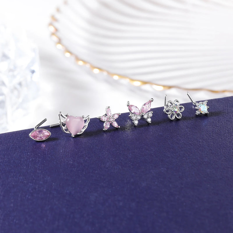 1PC Joia de Piercing de Nariz de Cobre para Mulheres Stud de Cristal com Flor, Olho, Opala, Coração e Lua Piercings Corporais