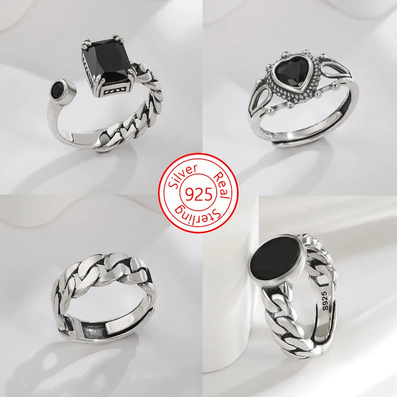 Anel de prata esterlina 925 com ágata natural que nunca desbota, estilo hip-hop, anel Unisex