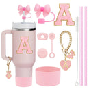 Conjunto de 10 Acessórios para Copo Stanley, 2 Canudos e Escova e 1 Corrente com Pingente de Flor, 3 Tampas à Prova de Vazamento, Flores, Capa de Canudo e Bico