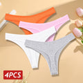 Conjunto 4 peças, Calcinha de algodão Sem costura Cintura baixa Tanga V-Cintura Cor sólida respirável Lingerie macia íntimos