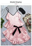 Pijama Feminino de Cetim Liso com Decote V, Borda com Babados e Shorts com Laço, Conjunto de Pijama Simples e Respirável, com Alças