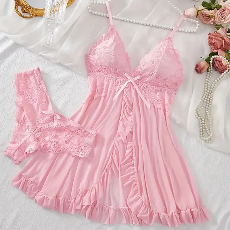Conjunto Hot Fantasy de Mini Saia para Dormir com Sutiã de Decote V e Calcinha, Roupa Sexy Feminina, Pijama, Vestido de Noite com Fenda, Lingerie Transparente Doll