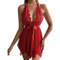 Vestido de Lingerie Sexy Feminina Lingerie Erótica Camisola Noite Sexy de Renda com Gola Halter Camisola Abertura com Amarração Conjunto de Calcinha