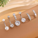 Conjunto com 6 peças de Anéis de Umbigo com Pérola Falsa e Barra Invertida, em Aço Inoxidável, Flor Curvada com Zircônia, Joia para Piercing de Umbigo