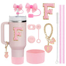 Conjunto de 10 Acessórios para Copo Stanley, 2 Canudos e Escova e 1 Corrente com Pingente de Flor, 3 Tampas à Prova de Vazamento, Flores, Capa de Canudo e Bico