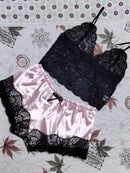 Conjuntos de Pijama Feminino em Renda e Seda, Lingerie Sexy, Top Cropped e Shorts, Babydoll