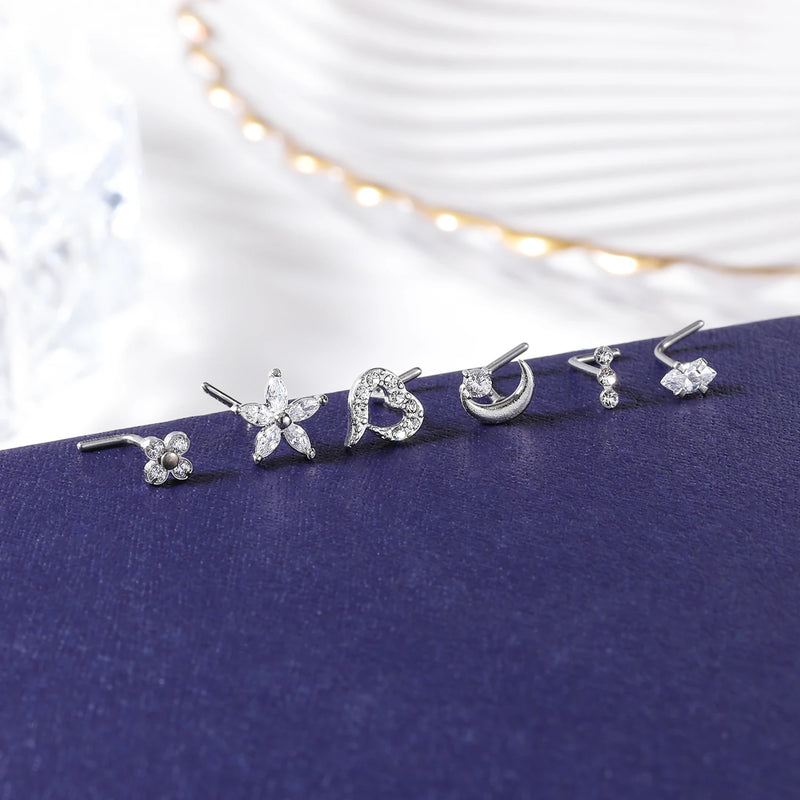 1PC Joia de Piercing de Nariz de Cobre para Mulheres Stud de Cristal com Flor, Olho, Opala, Coração e Lua Piercings Corporais