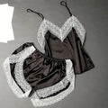 Conjunto de Pijama Feminino Sexy com Patchwork e Renda, Respirável com Alças Finas