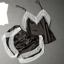 Conjunto de Pijama Feminino Sexy com Patchwork e Renda, Respirável com Alças Finas