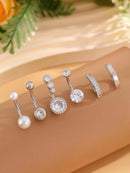 Conjunto com 6 peças de Anéis de Umbigo com Pérola Falsa e Barra Invertida, em Aço Inoxidável, Flor Curvada com Zircônia, Joia para Piercing de Umbigo