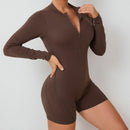 Macacão Feminino de Verão com Zíper Meio, Para Academia, Para Atividades ao Ar Livre, Respirável, Com Costas em V, Roupas de Treino, Levanta Bumbum, Conjunto Esportivo Para Mulher