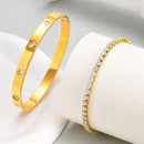 Conjunto de Pulseiras Vnox Love com Corrente, Pedras de Zircônio Redondas, Conjunto de Jóias em Aço Inoxidável PVD para Mulheres