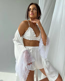 Conjuntos de Pijama com Patchwork e Renda, Conjuntos de Robe com Sutiã, Lingerie de Cetim Sexy Feminina, Conjunto de 3 Peças de Pijamas