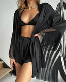 Conjuntos de Pijama com Patchwork e Renda, Conjuntos de Robe com Sutiã, Lingerie de Cetim Sexy Feminina, Conjunto de 3 Peças de Pijamas
