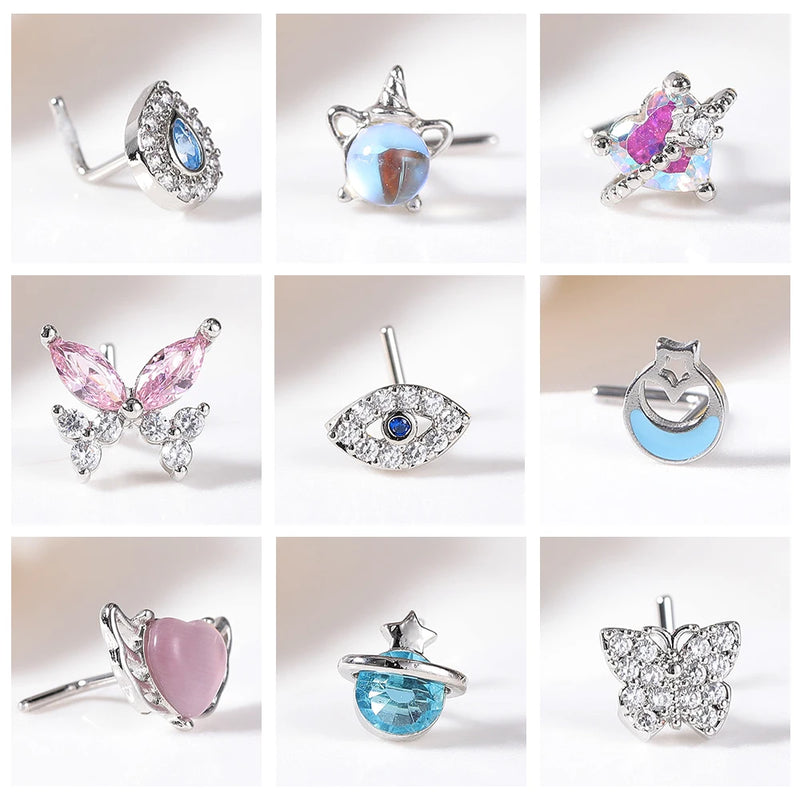 1PC Joia de Piercing de Nariz de Cobre para Mulheres Stud de Cristal com Flor, Olho, Opala, Coração e Lua Piercings Corporais