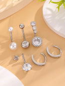 Conjunto com 6 peças de Anéis de Umbigo com Pérola Falsa e Barra Invertida, em Aço Inoxidável, Flor Curvada com Zircônia, Joia para Piercing de Umbigo