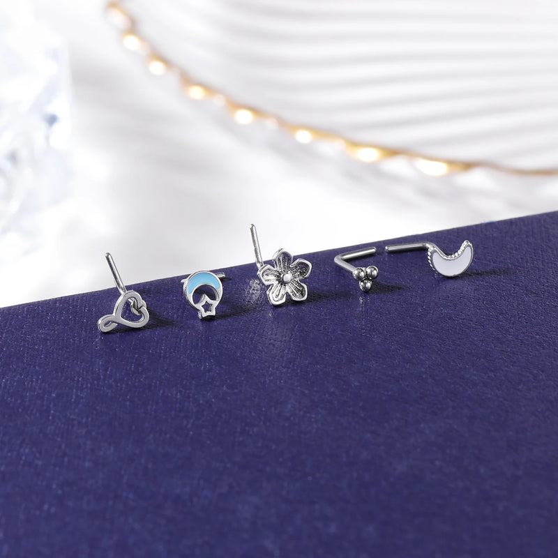 1PC Joia de Piercing de Nariz de Cobre para Mulheres Stud de Cristal com Flor, Olho, Opala, Coração e Lua Piercings Corporais