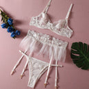 Conjunto de Lingerie Feminina Sexy Sutiã Push Up com Tiras Bordadas em Tule Transparente Conjunto de Lingerie com Calcinha e Sutiã 3 Peças