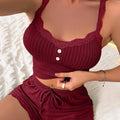 Conjunto de pijama feminino de duas peças de tricô canelado de cor sólida, sexy e casual (regata e shorts)
