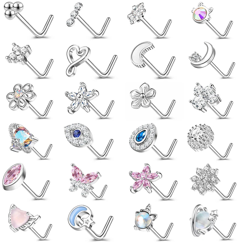 1PC Joia de Piercing de Nariz de Cobre para Mulheres Stud de Cristal com Flor, Olho, Opala, Coração e Lua Piercings Corporais