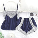 Conjunto de Pijama Feminino Sexy com Patchwork e Renda, Respirável com Alças Finas