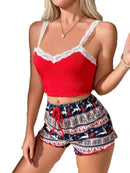 Conjunto de Pijama Feminino com Renda, Patchwork, Decote V, Pijamas Sensuais, Camiseta de Alcinha, Shorts Estampados, Pijamas Macios