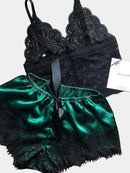 Conjuntos de Pijama Feminino em Renda e Seda, Lingerie Sexy, Top Cropped e Shorts, Babydoll