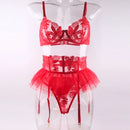 Conjunto de Lingerie Feminina Sexy Sutiã Push Up com Tiras Bordadas em Tule Transparente Conjunto de Lingerie com Calcinha e Sutiã 3 Peças