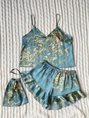 Conjunto de Pijama Feminino com Top Cami Estampado Floral Elegante e Shorts com Babado - Roupas de Dormir e Loungewear