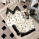 Pijamas Femininos 2024 Nova Estampa Floral Sexy, Roupas de Dormir com Decote em V de Renda em Seda Gelada