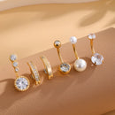 Conjunto com 6 peças de Anéis de Umbigo com Pérola Falsa e Barra Invertida, em Aço Inoxidável, Flor Curvada com Zircônia, Joia para Piercing de Umbigo
