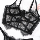 Conjunto de Lingerie Sexy Krasapt Bustier com Renda Floral, Sutiã e Calcinha Feminina, Roupa Íntima Transparente, Sem Forro, Renda Vazada