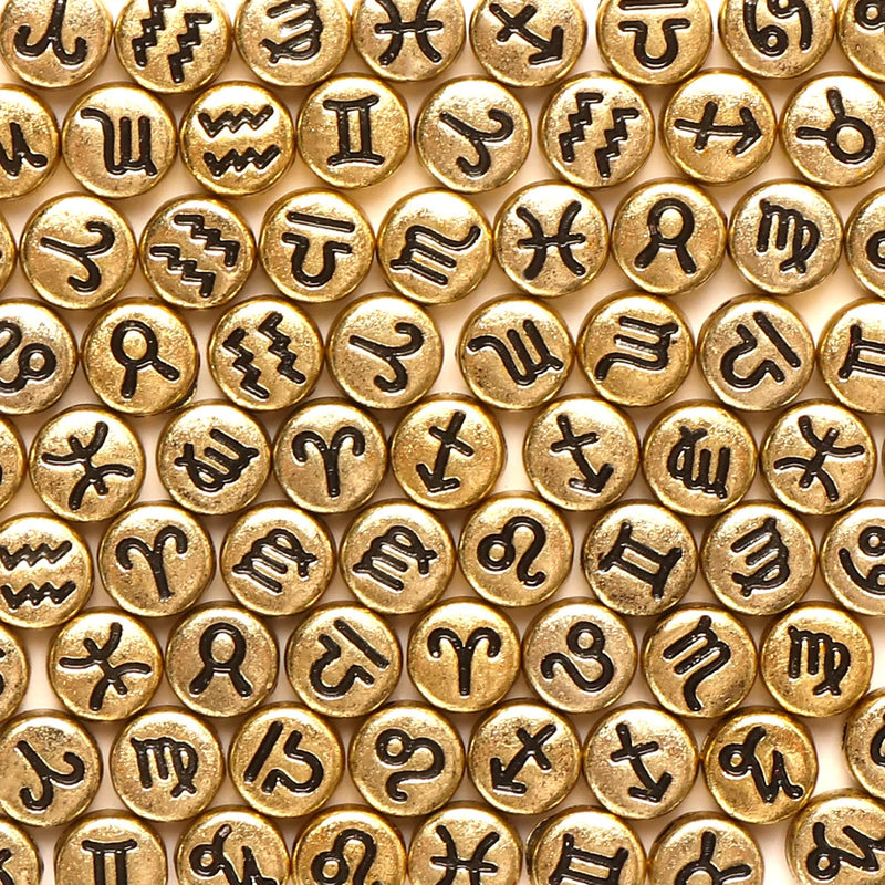 100 Peças 4*7mm Contas Redondas Sortidas de Signos do Zodíaco, Pingentes Espaçadores Soltos para Confecção de Joias e Acessórios de Pulseira DIY