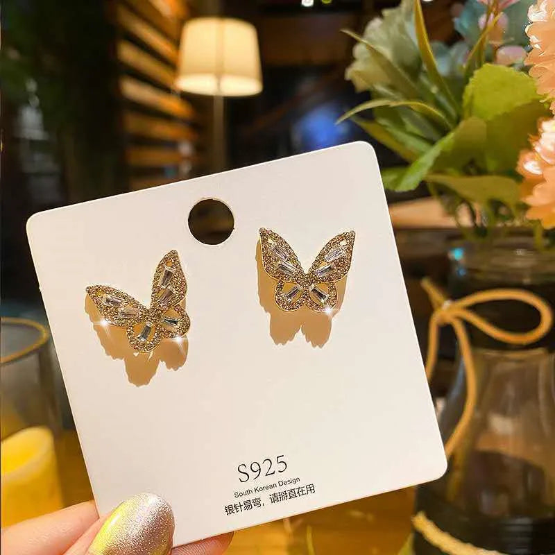 Brincos de Borboleta de Cristal para Mulheres Verde, Rosa e Roxo, Joias Coreanas