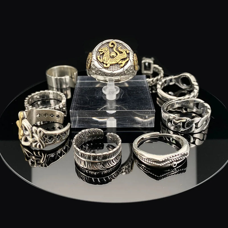 Anel de prata esterlina 925 com ágata natural que nunca desbota, estilo hip-hop, anel Unisex