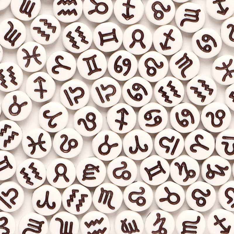 100 Peças 4*7mm Contas Redondas Sortidas de Signos do Zodíaco, Pingentes Espaçadores Soltos para Confecção de Joias e Acessórios de Pulseira DIY