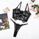 Conjunto de Lingerie Sexy Krasapt Bustier com Renda Floral, Sutiã e Calcinha Feminina, Roupa Íntima Transparente, Sem Forro, Renda Vazada