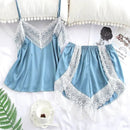 Conjunto de Pijama Feminino Sexy com Patchwork e Renda, Respirável com Alças Finas