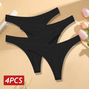 Conjunto 4 peças, Calcinha de algodão Sem costura Cintura baixa Tanga V-Cintura Cor sólida respirável Lingerie macia íntimos