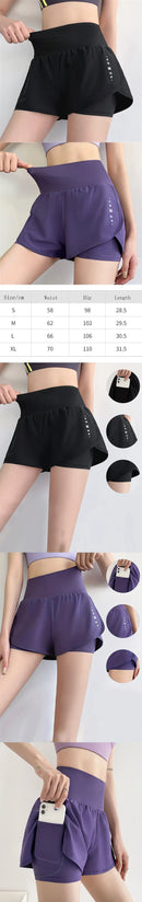Short esportivo feminino cintura alta para yoga, tênis, corrida e pilates, com bolso, justo, estilo falso duas peças