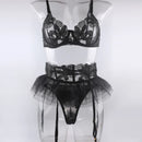 Conjunto de Lingerie Feminina Sexy Sutiã Push Up com Tiras Bordadas em Tule Transparente Conjunto de Lingerie com Calcinha e Sutiã 3 Peças