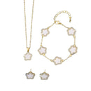Conjunto de Joias de Luxo para Mulheres Corrente de Cor Prata em Aço Inoxidável Colar, Brincos e Pulseira Dupla Face com Flor de Cinco Folhas Trevo