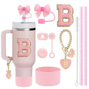 Conjunto de 10 Acessórios para Copo Stanley, 2 Canudos e Escova e 1 Corrente com Pingente de Flor, 3 Tampas à Prova de Vazamento, Flores, Capa de Canudo e Bico