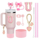 Conjunto de 10 Acessórios para Copo Stanley, 2 Canudos e Escova e 1 Corrente com Pingente de Flor, 3 Tampas à Prova de Vazamento, Flores, Capa de Canudo e Bico