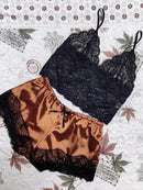 Conjuntos de Pijama Feminino em Renda e Seda, Lingerie Sexy, Top Cropped e Shorts, Babydoll